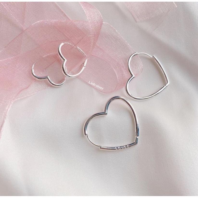 Khuyên tai bạc Linh silver, bông tai tròn trơn hình trái tim trendy