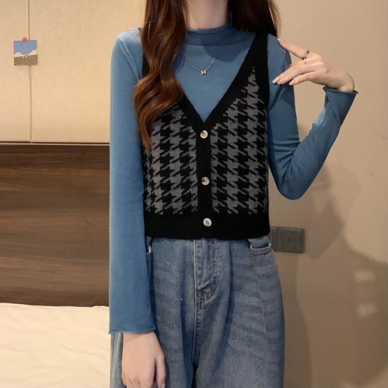 Áo Sweater Dệt Kim Không Tay Màu Sắc Tương Phản Phong Cách Hàn Quốc Cho Nữ