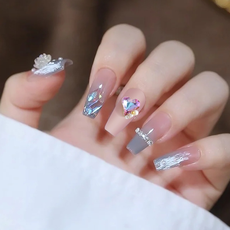 Net red Mới manicure Trái Tim Đính Đá Kim Cương Giả Hợp Kim Trang Trí Móng Tay Hình Trái Tim Màu Đỏ Phong Cách crooked
