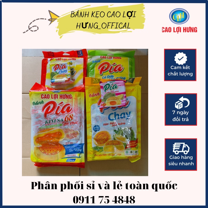 Freeship_Combo 4 vị bánh Pía đậu xanh sầu riêng, lá dứa sầu riêng, kim sa tan chảy, Chay Cao Lợi Hưng, Bịch 12 cái_95g/c