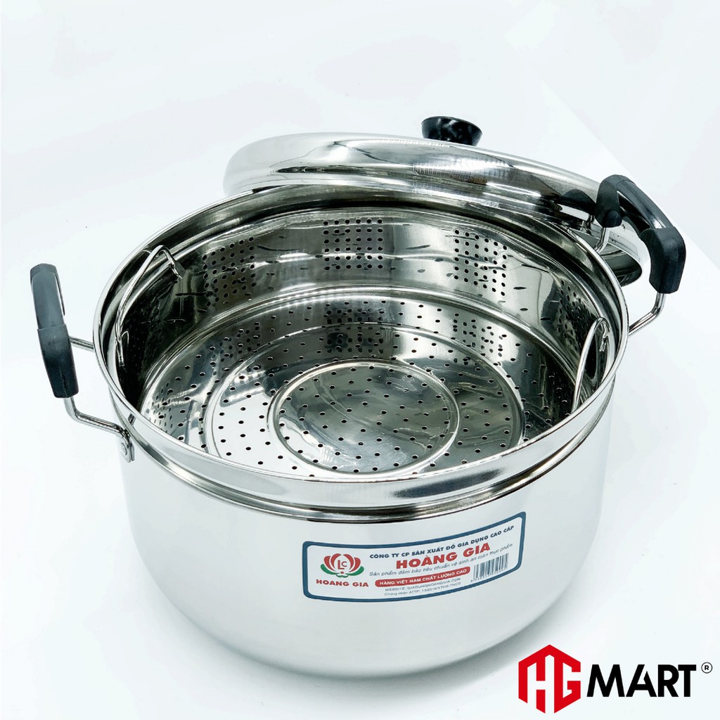 Nồi inox 1 đáy HG Mart nắp kính có xửng hấp nấu trên bếp từ [Bảo Hành 12 Tháng]