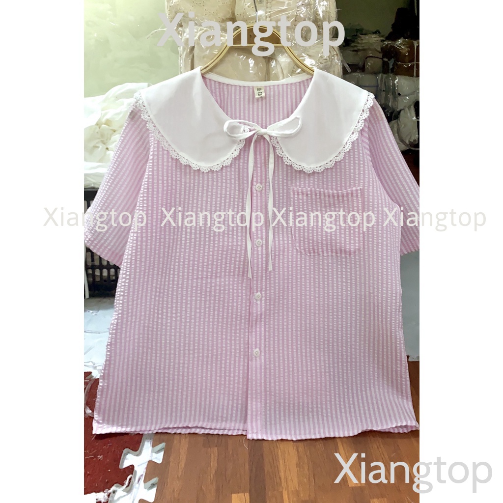 Áo sơ mi kẻ cổ bèo tiểu thư 2 màu ngắn tay kaca aosomicongsothietke