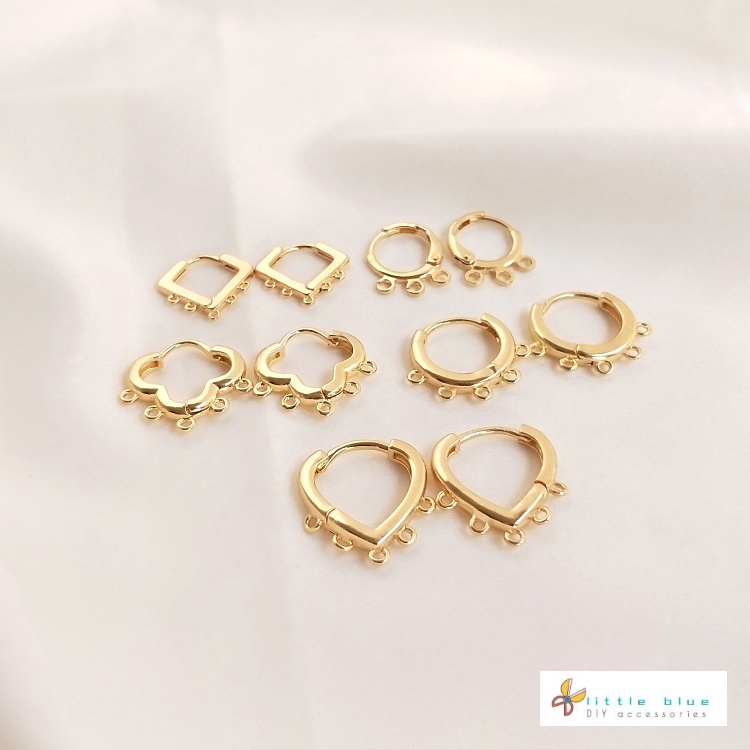 [little Blu] Khuyên Tai Móc Thủ Công Bằng Đồng 14K Hình Cỏ Bốn Lá/Trái Tim Tròn Màu Vàng Kim Thủ Công