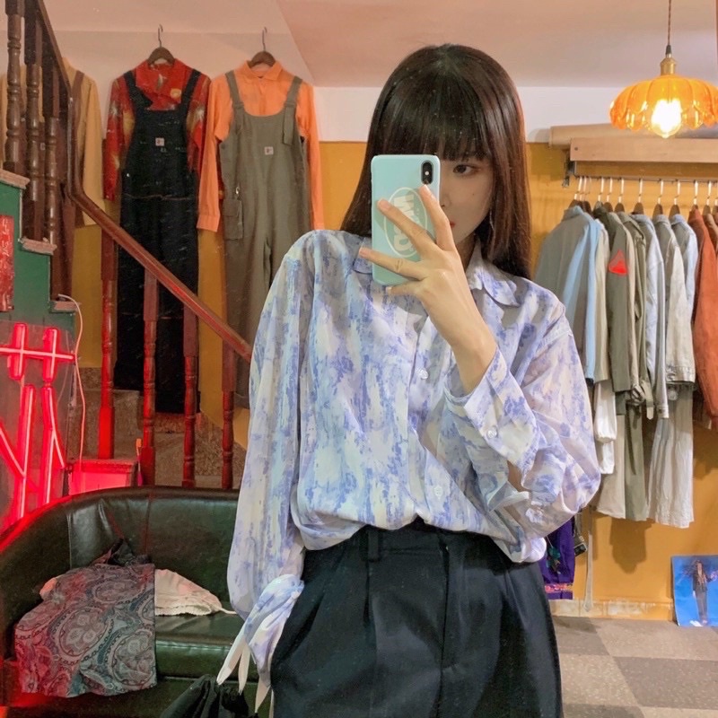 Áo Sơ Mi Loang Màu Tím Free Size 55kg Đổ Lại