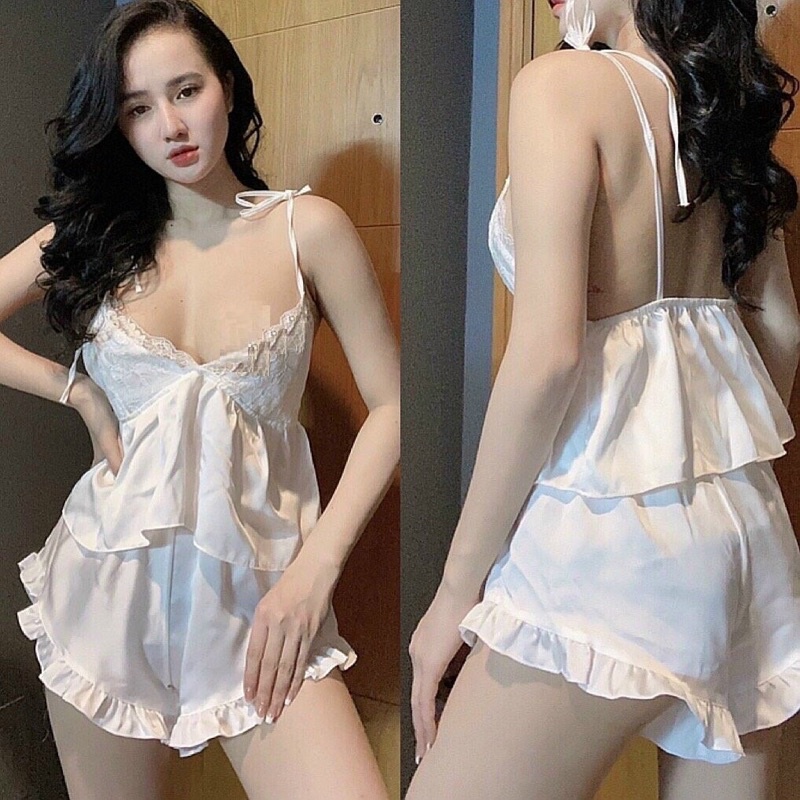 Bộ ngủ sexy hai dây cột có mút lụa satin cao cấp