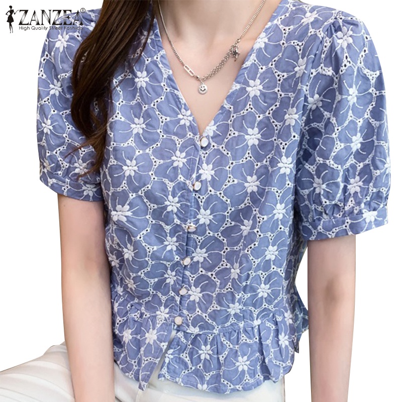 Áo nữ ZANZEA ngắn tay cổ chữ V họa tiết thêu thời trang