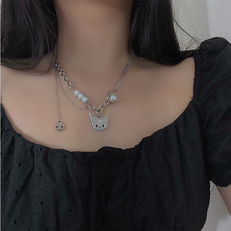 Vòng cổ nhiều lớp bằng thép titan đính ngọc trai giả thời trang cho nữ