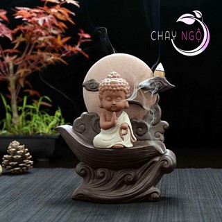 Thác khói trầm hương bằng gốm cao cấp - thác đốt trầm hương - kèm tượng Phật, chú tiểu tọa cung Trăng Mẫu 2