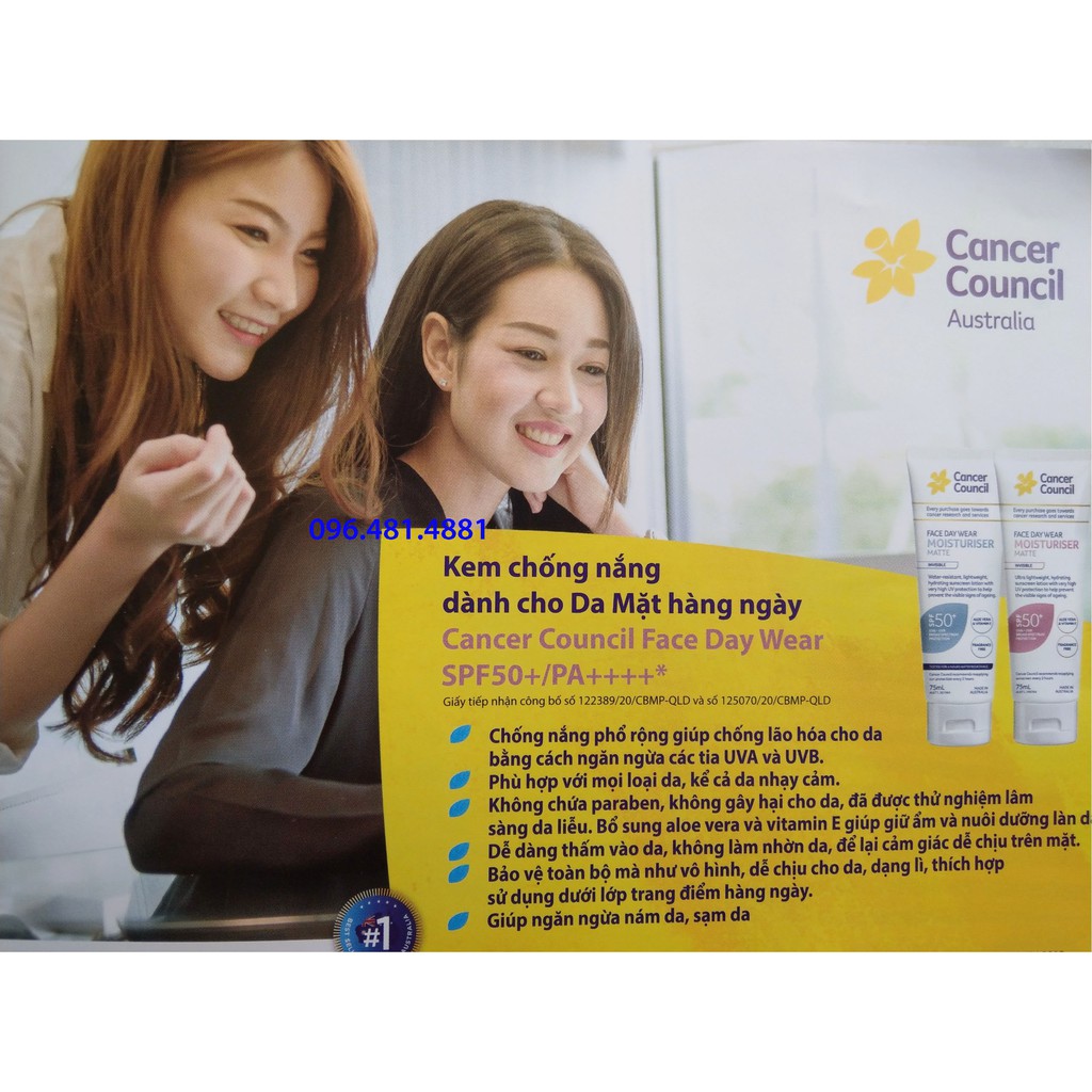 Kem Chống Nắng Cancer Council Face Day Wear Moisturiser Matte Invisible SPF50+/PA++++ 75ml, Dưỡng Ẩm, Dịu Nhẹ-NHÃN XANH