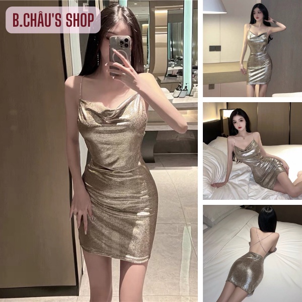Đầm body bling bling 2 dây sexy | Váy hở lưng dây xích gợi cảm mặc đi bar SX14