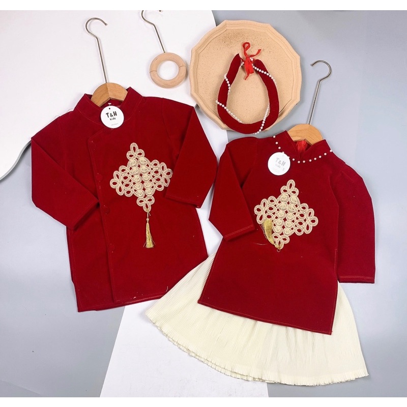 Áo dài nhung Cặp đôi Anh Em cho bé giống nhau hàng cao cấp kèm quần lụa trắng