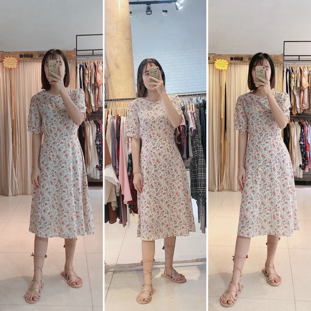 Váy hoa nhí vintage cổ tròn ngắn tay dáng dài qua gối Ulzzang style🌸 Hàng Quảng Châu | BigBuy360 - bigbuy360.vn