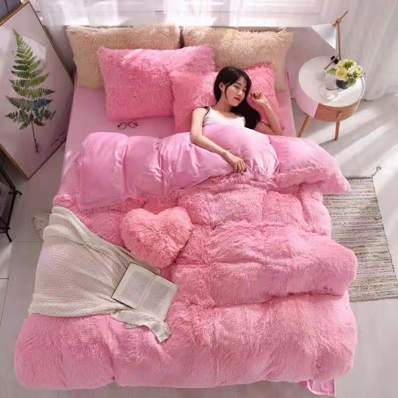 Bộ Chăn Ga Gối 5 Món Nỉ Nhung Lông- Tặng Kèm Gối Trái Tim