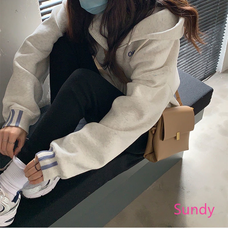 Áo Khoác Hoodie Dáng Rộng Phối Khóa Kéo Thời Trang Mùa Thu Phong Cách Hàn Quốc Cho Nữ