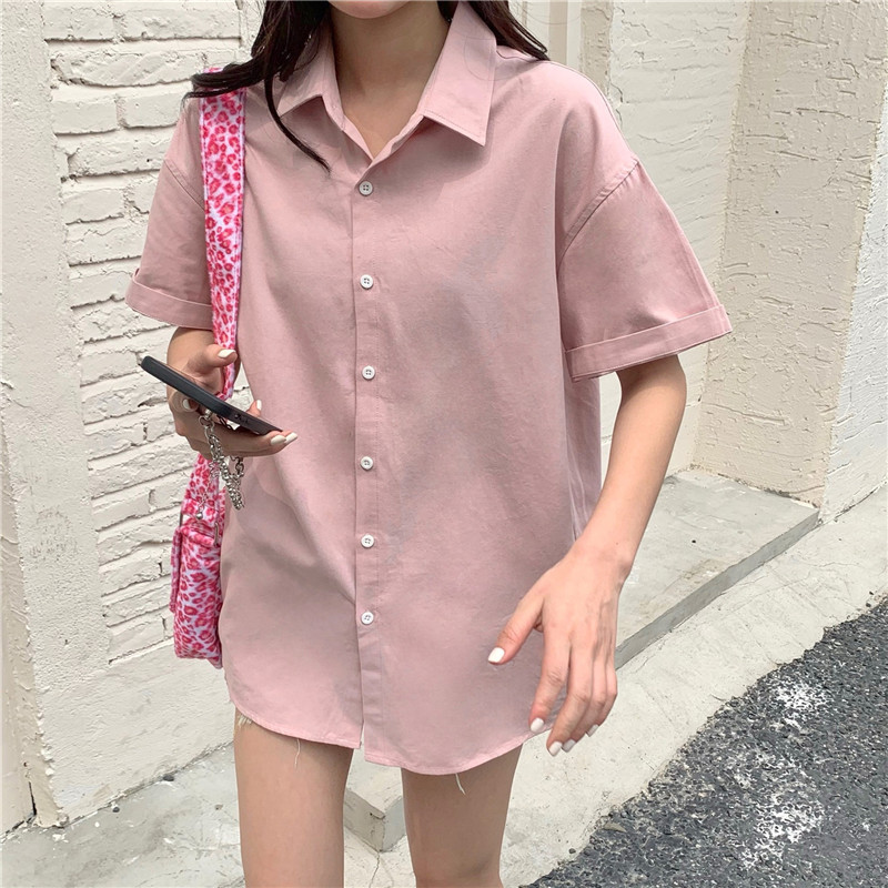 Áo sơ mi tay ngắn màu trơn phong cách retro Hàn Quốc dành cho nữ