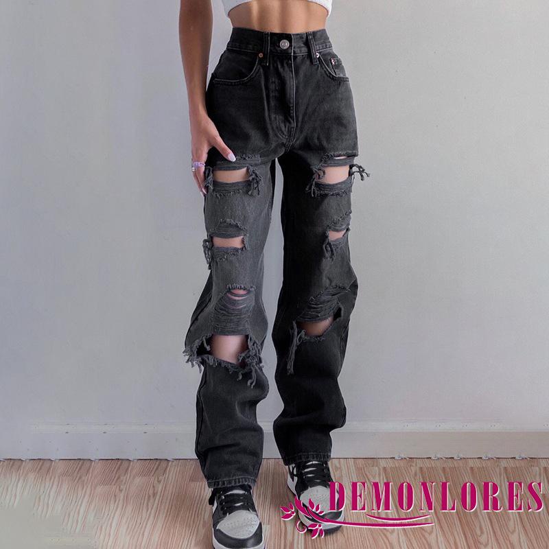 Quần jean dài thiết kế rách lỗ cá tính thời trang dành cho nữ
