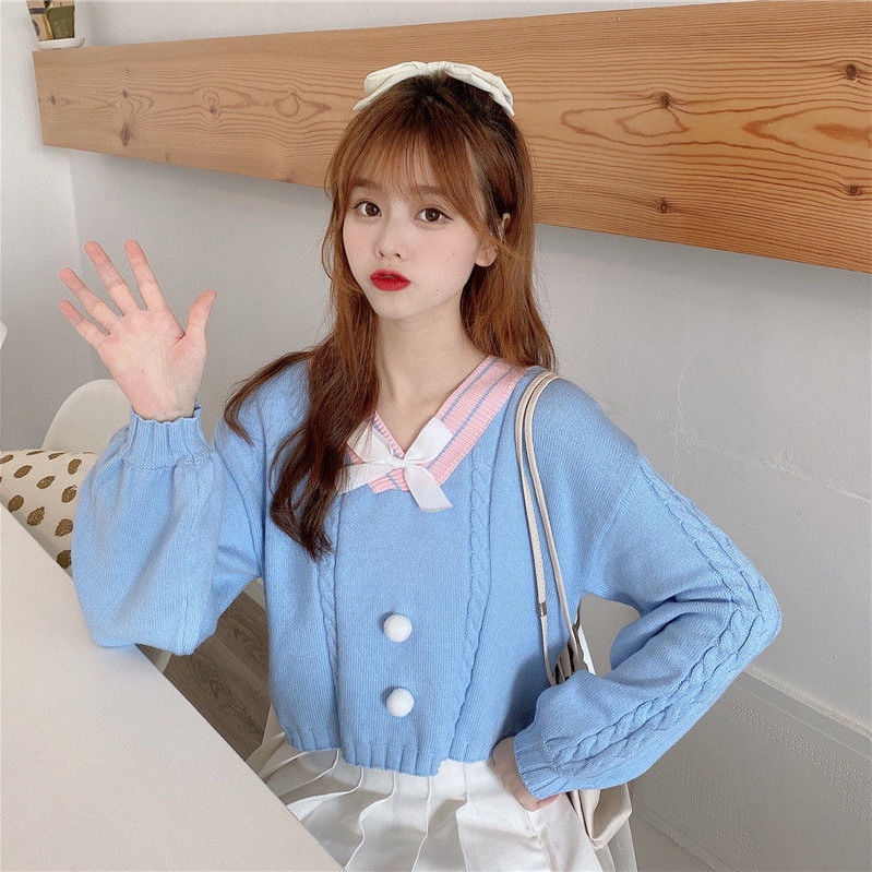 Áo kiểu PERTY len dệt kim cổ chữ V đính nơ dáng rộng phong cách Hàn Quốc thời trang xinh xắn dành cho nữ
