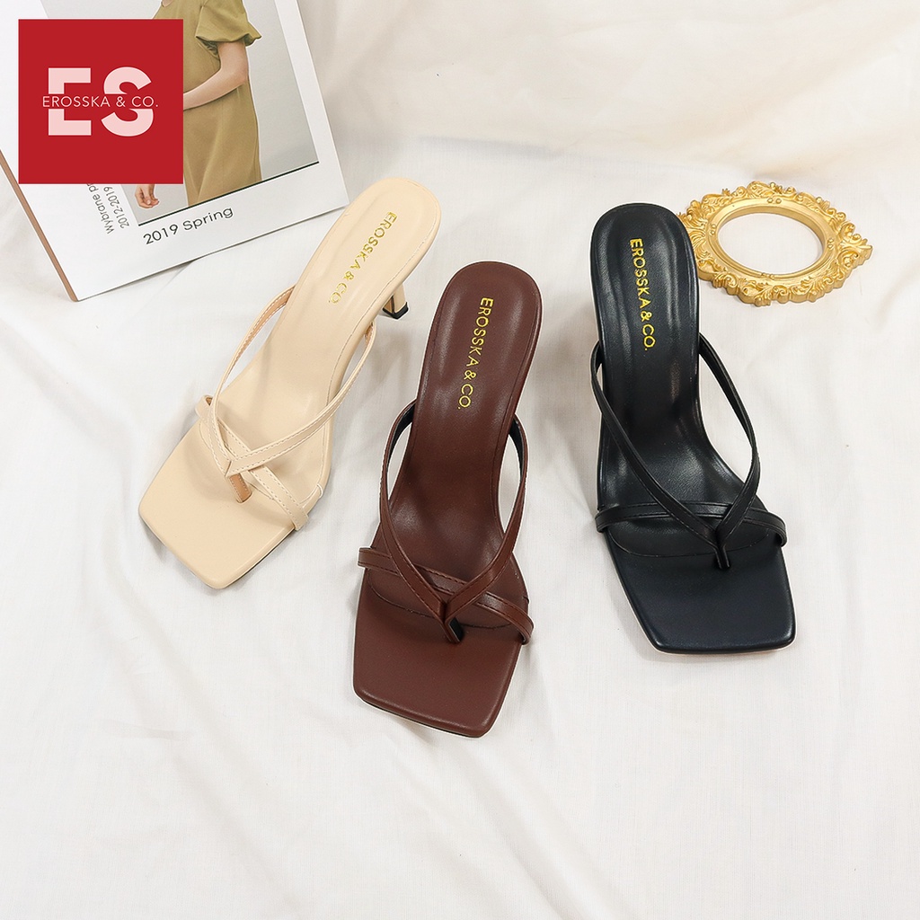 Erosska - Dép cao gót nữ mũi vuông xỏ ngón phối dây mảnh cao 7cm màu đen ver 2 - EMO60