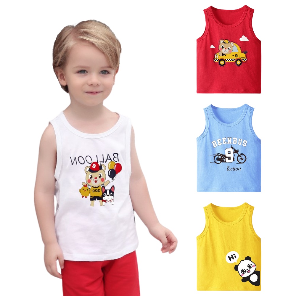 Áo ba lỗ bé trai TrueKids cotton 100% mềm mịn in hình ô tô và gấu