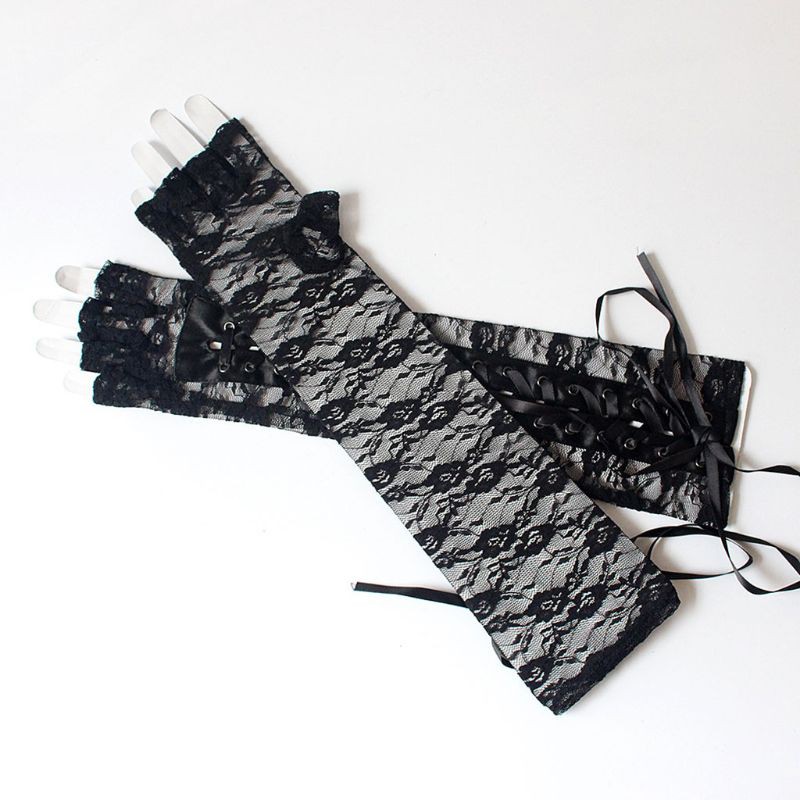 Đôi găng tay vải lưới thắt dây hở ngón quyến rũ thời trang dành cho nữ