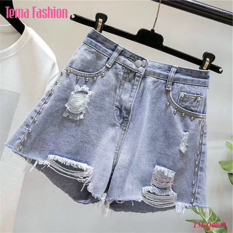 Quần short jean nữ TEMA - Quần đùi nữ jean màu xanh gấu rách nữ siêu đẹp