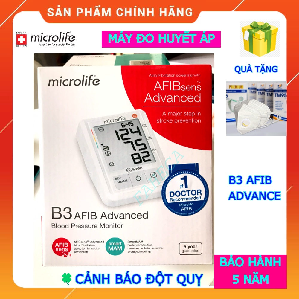 (HỎATỐC)Máy đo huyết áp bắp tay Microlife B3 Afib Advance cảnh báo đột quỵ (AFIB) tặng hộp TigerPlast chính hãng Thụy Sỹ