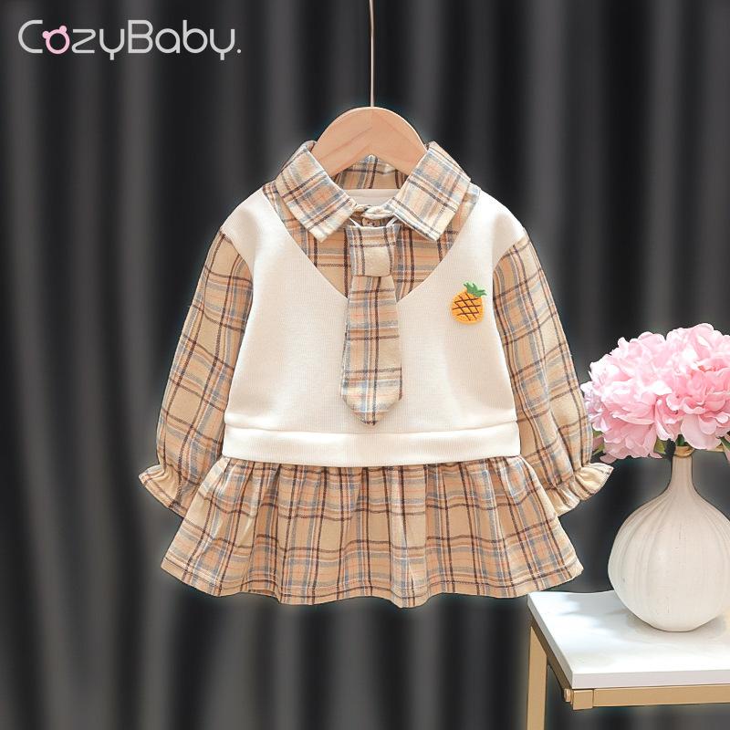 Đầm Bé Gái Tay Dài Họa Tiết Caro Phối Cà Vạt Thời Trang Mùa Thu Hàn Quốc 2023 Mới