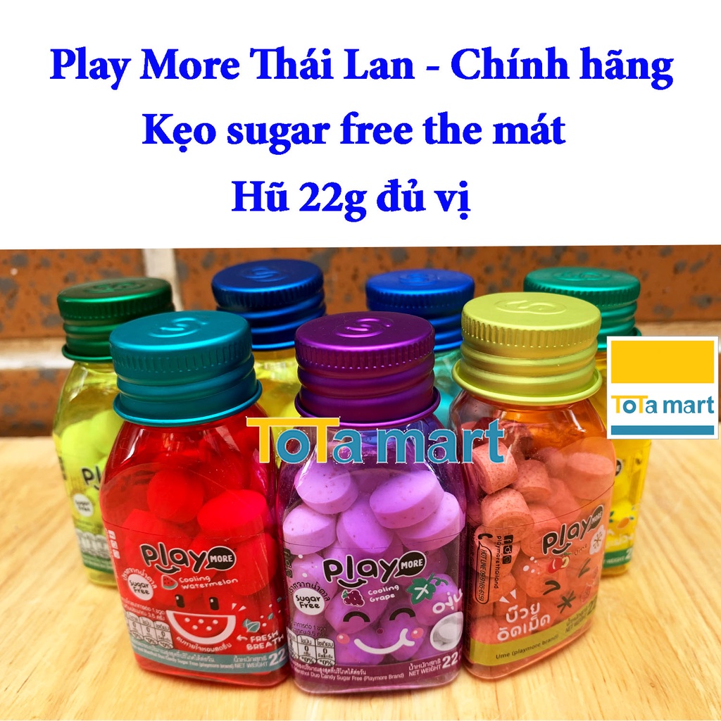 (Mới! hsd 08/2024) Kẹo PLAYMORE Thái Lan bạc hà hũ 22g Sugar free không đường vị dưa hấu, xí muội, bạc hà, xoài, táo