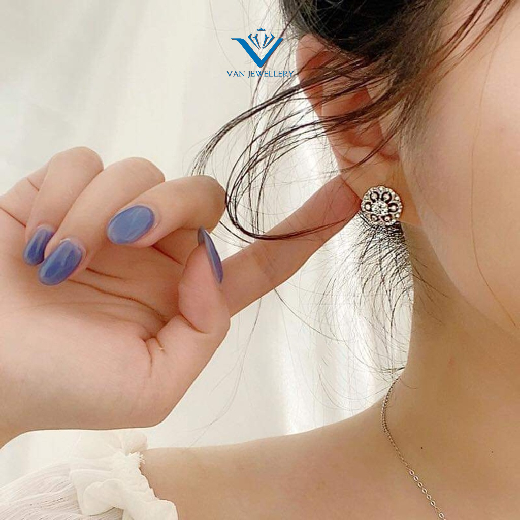Khuyên tai bạc Van Jewelry V10725 Khuyên Hoa bản to nạm đá trắng lấp lánh sang trọng