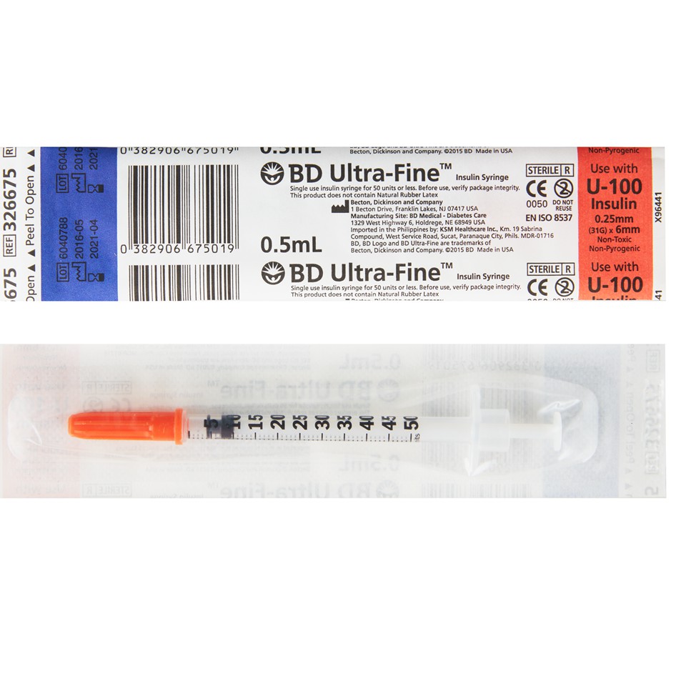 Bơm tiêm insulin BD Ultra-Fine™ dành cho người tiểu đường 6mm x 0.5cc x 31Gx 100 cây Becton Dickinson