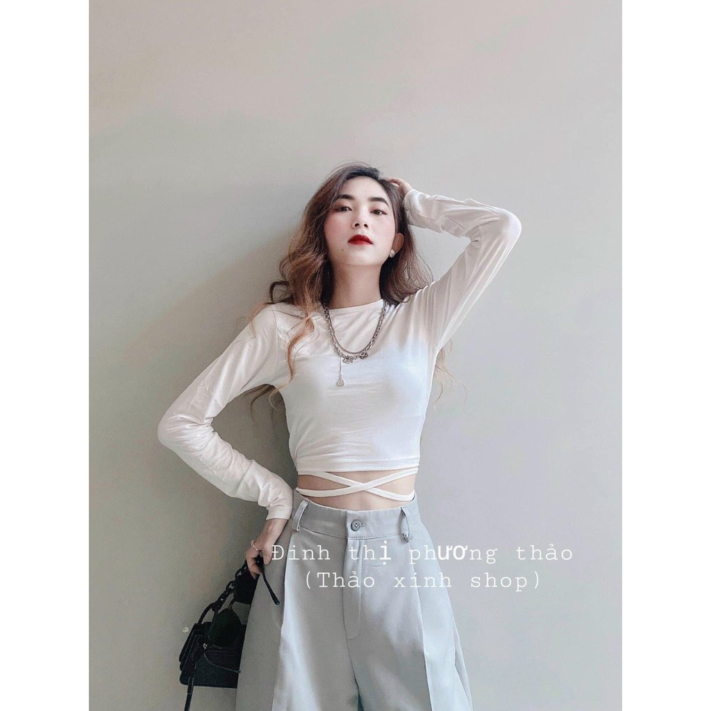 Áo croptop cột dây chéo bụng tay tài -thun borip