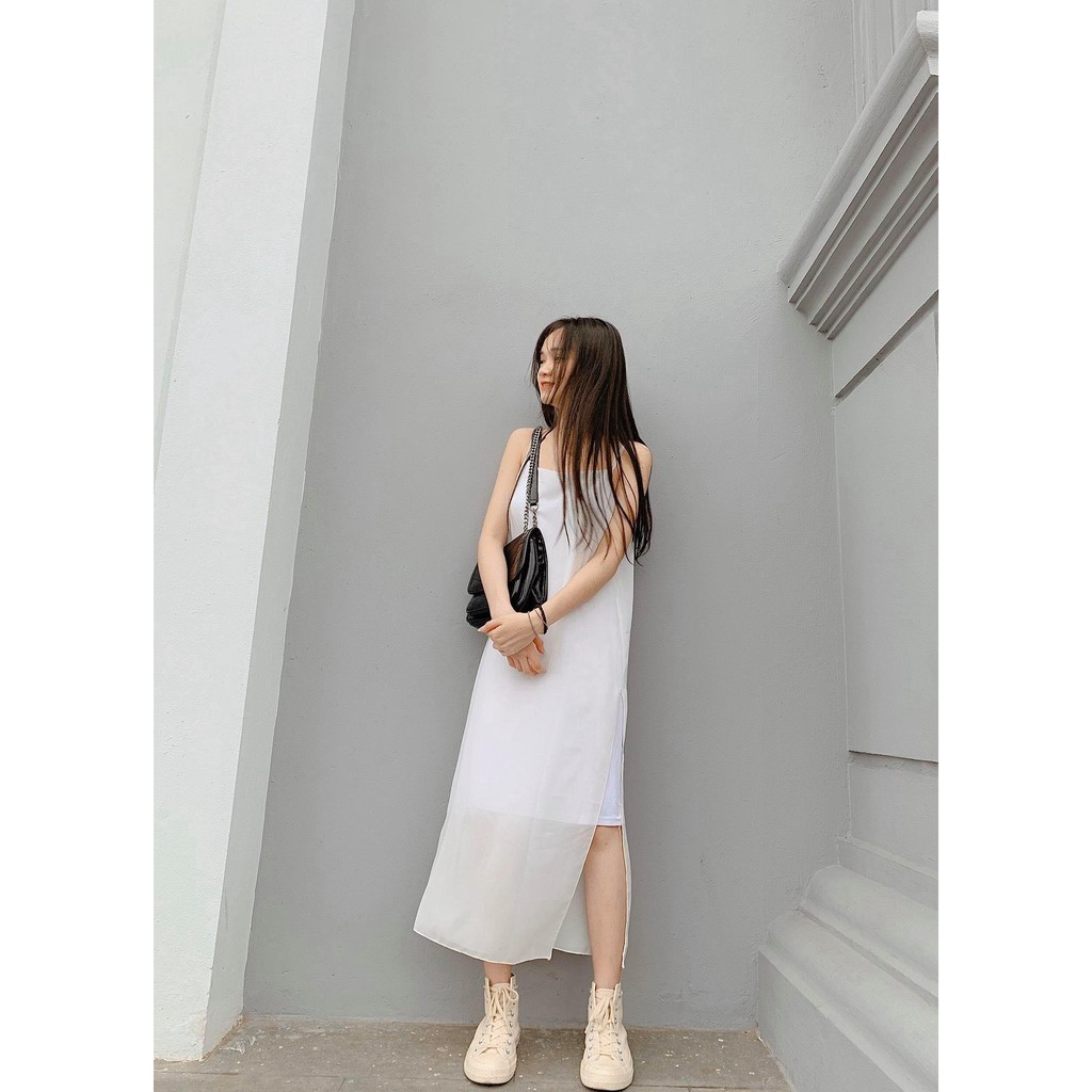 Đầm Voan 2 lớp Xẻ Vạt PEONYB Nữ [FREESHIP] 🌸 Váy 2 dây dáng suông mặc đi biển màu TRẮNG | ĐEN Ulzzang HOT 🌸 | BigBuy360 - bigbuy360.vn