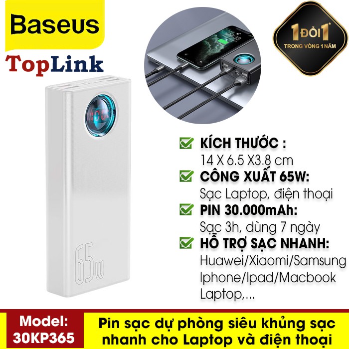 Pin Sạc Dự Phòng Baseus BS-30KP365 Dung Lượng 30000mah - 65W Sạc Nhanh QC3.0 Cho Iphone Ipad Laptop - TopLink