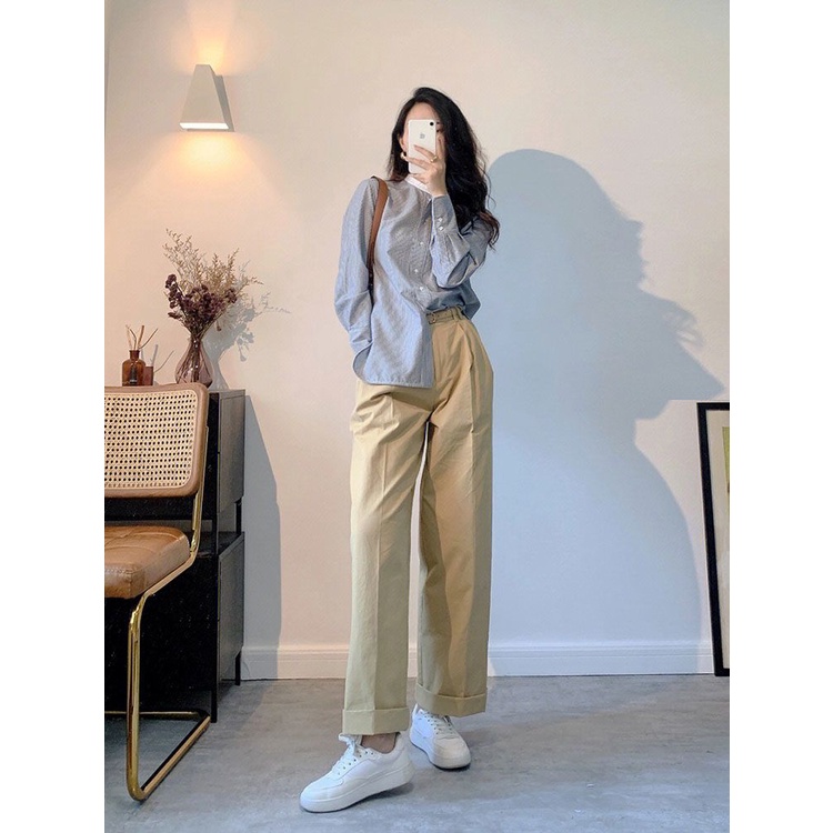 Bộ Áo Sơ Mi Vải Lanh Cotton + Quần Dài Ống Rộng Thời Trang Cao Cấp