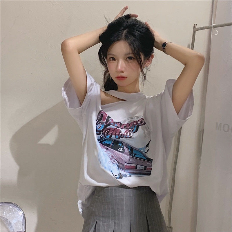 Áo Thun COZOK Tay Ngắn Dáng Rộng Trễ Vai In Họa Tiết Kiểu retro Cá Tính