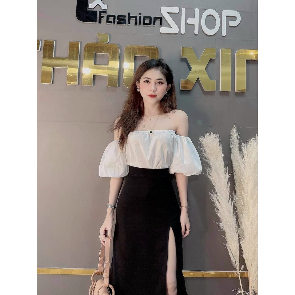 Set bộ đồ nữ áo tay phồng trễ vai kèm chân váy xẻ tà xinh xắn