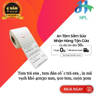 Tem trà sữa , tem dán cốc trà sữa , in mã vạch khổ 40x30 mm, 910 tem, cuộn 30m
