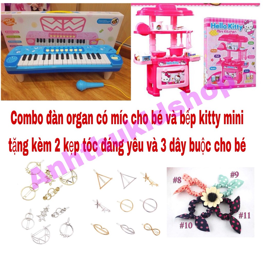 Combo đàn organ có míc và bếp kitty mini (tặng kèm 2 kẹp tóc và 3 dây tai thỏ bất kỳ)