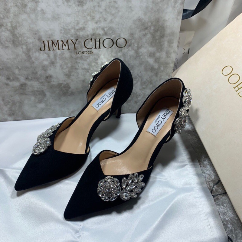 Giày cao gót mũi nhọn đính đá sang trọng Jimmy Choo da cao cấp