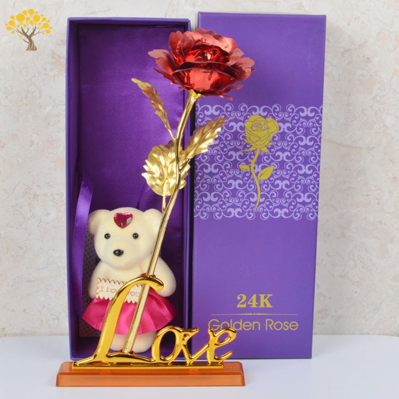 [Cheap] Gold Plated Rose with Love Base Bear Doll Kit Valentine Mother's Day Gift