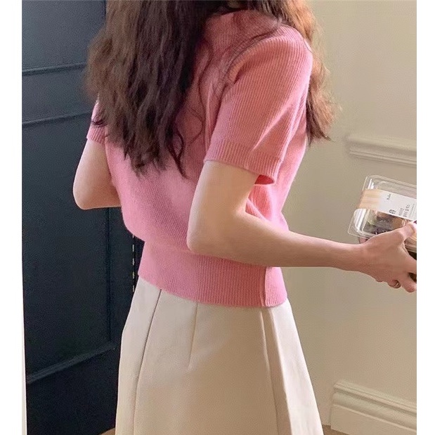 Áo Dệt Kim Tay Ngắn Cổ Tròn Hàng Nút Đôi Phong Cách Mùa Xuân Nhẹ Nhàng Kiểu Mới 49407