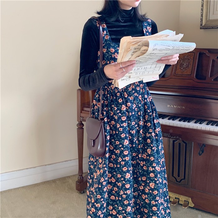 (HÀNG SẴN ) Váy yếm hai dây hoa nhí xòe dài vintage mùa thu kiểu Pháp nhẹ nhàng | BigBuy360 - bigbuy360.vn