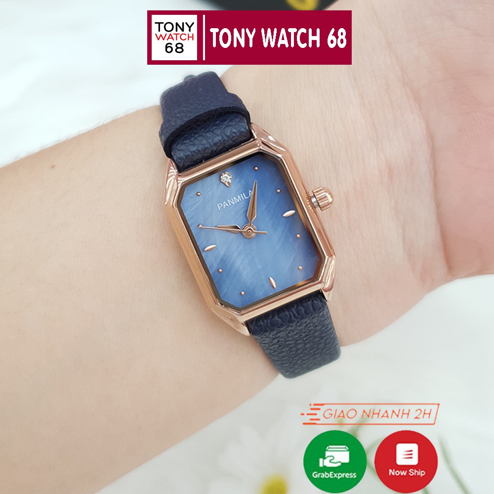 Đồng hồ nữ Panmila dây da mặt vuông mini mạ viền vàng chính hãng Tony Watch 68