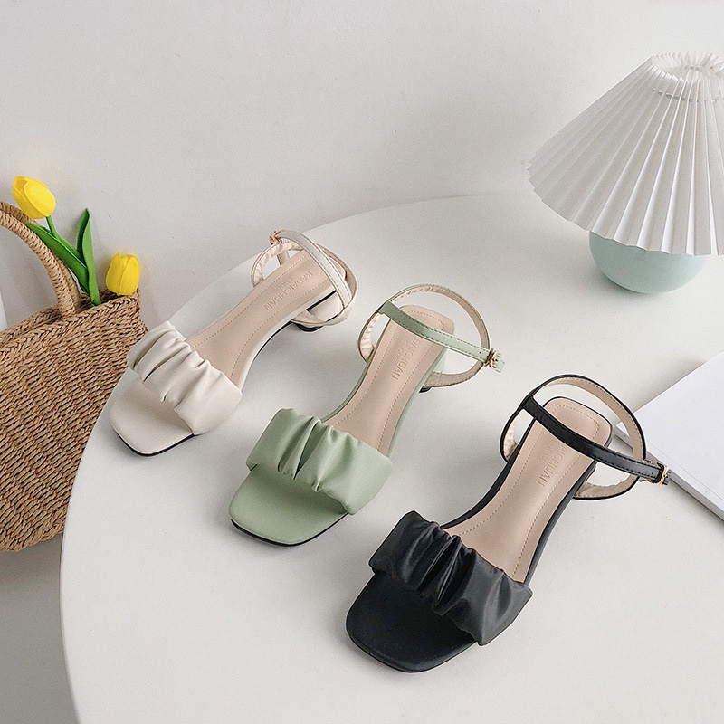 Giày sandal cao gót 3 phân phối quai xếp ly xinh xắn gót vuông