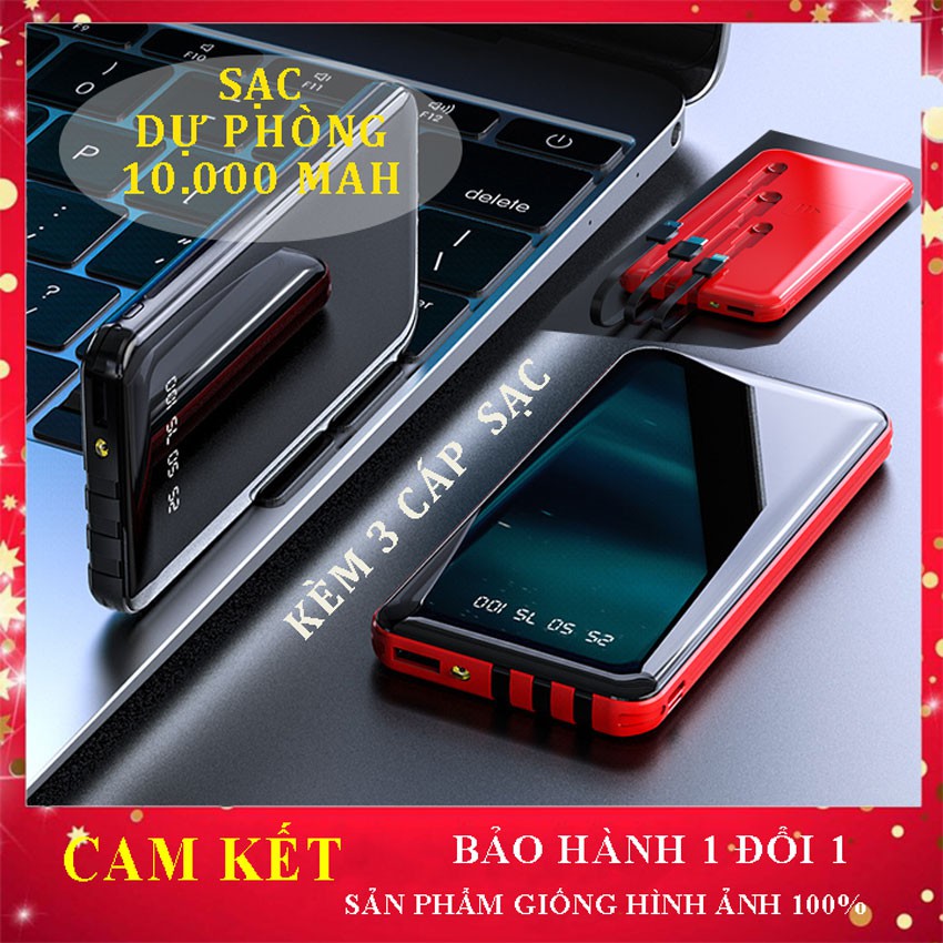 SẠC DỰ PHÒNG THÔNG MINH 10,000 MAH, POWER BANK, SẠC NHANH, GỌN NHẸ TIỆN MANG THEO, KÈM 3 CÁP SẠC GẮN LIỀN
