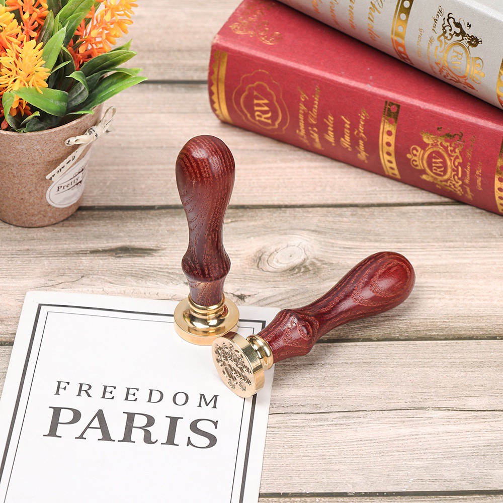 Con dấu sáp niêm phong bằng đồng cán gỗ họa tiết chữ Thank You/ Merry Christmas/ hoa phong cách cổ điển dùng trang trí