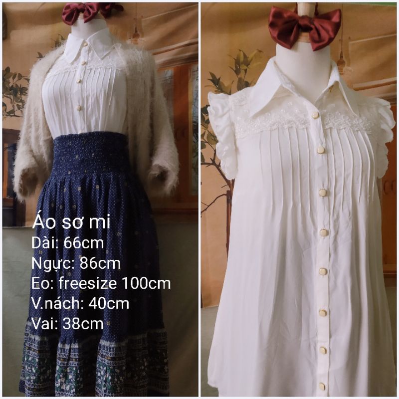 |2hand| Set áo sơ mi voan nhật + chân váy xô hoa nhí dáng dài / khăn voan dài