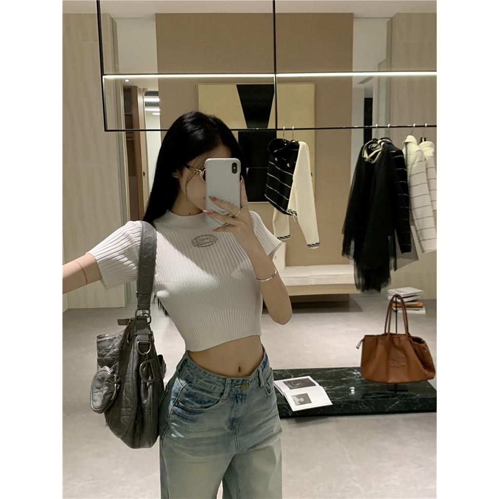 Áo Thun Dệt Kim Tay Ngắn Cổ Tròn Dáng Ôm Phong Cách Mỹ Thời Trang Mùa Hè Cho Nữ