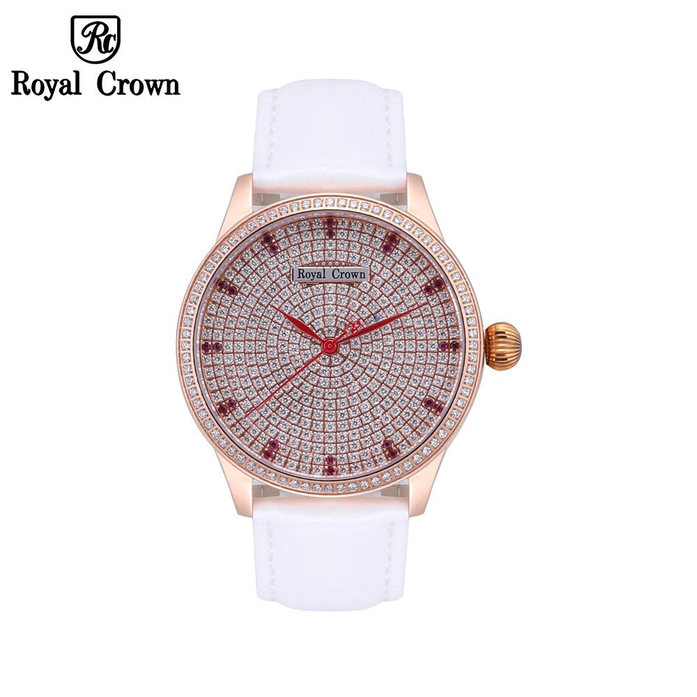 Đồng hồ nữ Chính Hãng Royal Crown 6118M-ST-RG-B/A-W (dây da trắng vỏ vàng hồng mặt f