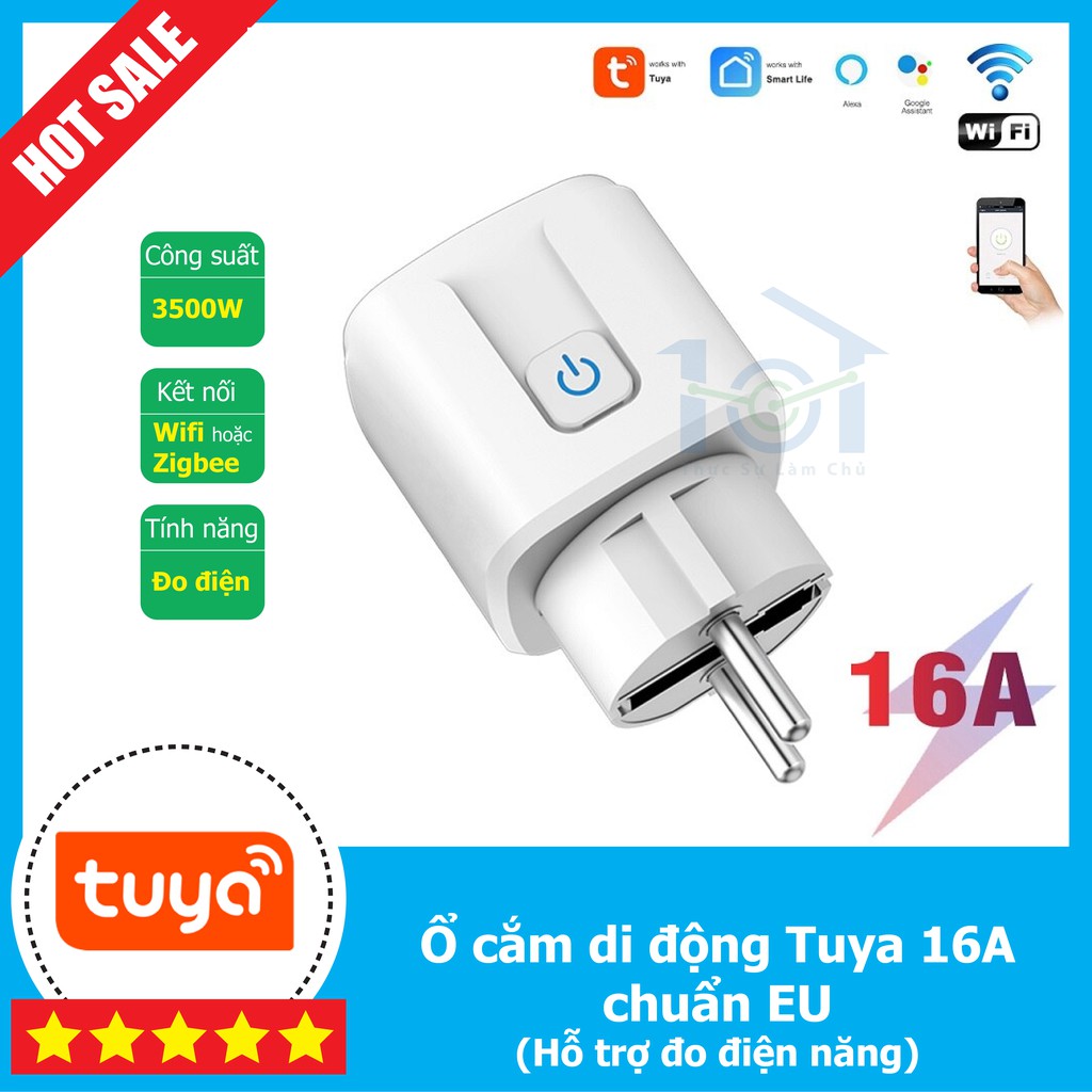 Ổ cắm Tuya di động thông minh công suất cao 3500W (16A) - Hỗ trợ đo điện năng, chuẩn chân tròn EU, kết nối Wifi / Zigbee